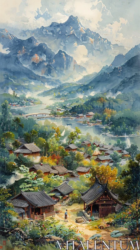 Watercolor Mountain Village Art Print AI Image