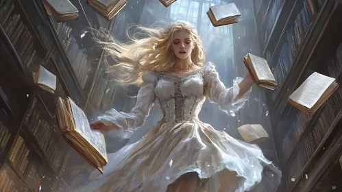 Woman Surrounded by Books in Library