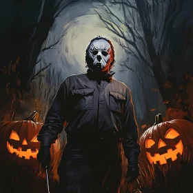 Masked Figure in Forest with Pumpkins