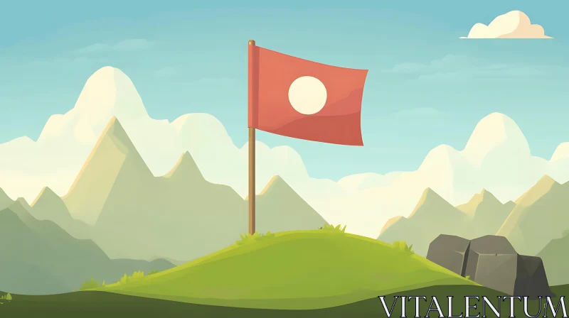 AI ART Scenic Hilltop View with Flag