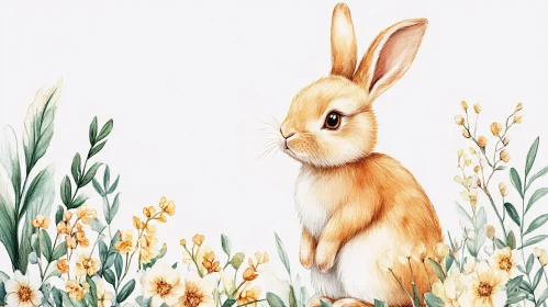 Springtime Bunny and Flowers Illustration