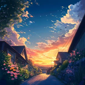 Tranquil Sunset on a Flower-Lined Street