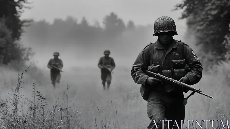 AI ART Soldiers Marching Through a Foggy Field