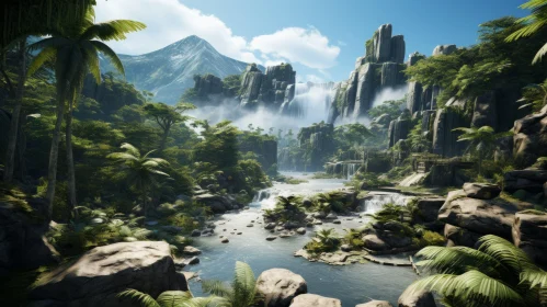 Captivating Jungle Scene with Water and Mountains