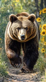 Bear Walking Through Sunflower Forest