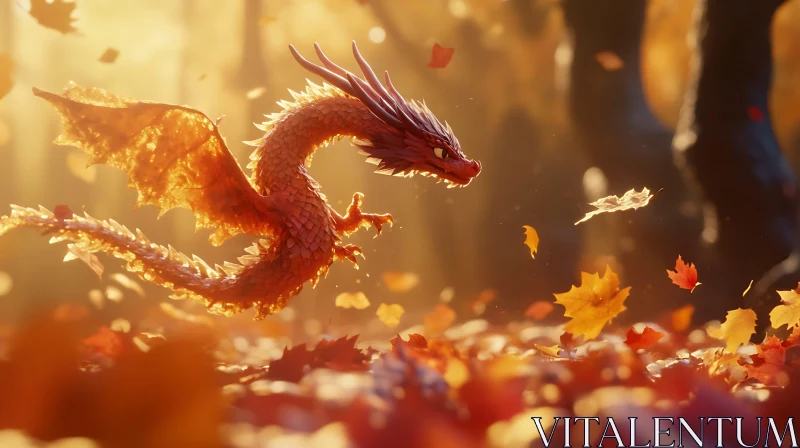 AI ART Crimson Dragon Flight Through Autumn Forest