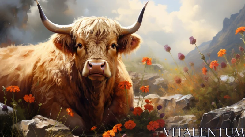 Digitally Painted Cow in Scottish Landscapes AI Image