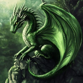 Emerald Dragon Perched on Rocks