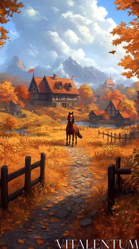 Idyllic Autumn Scene with Horse AI Image