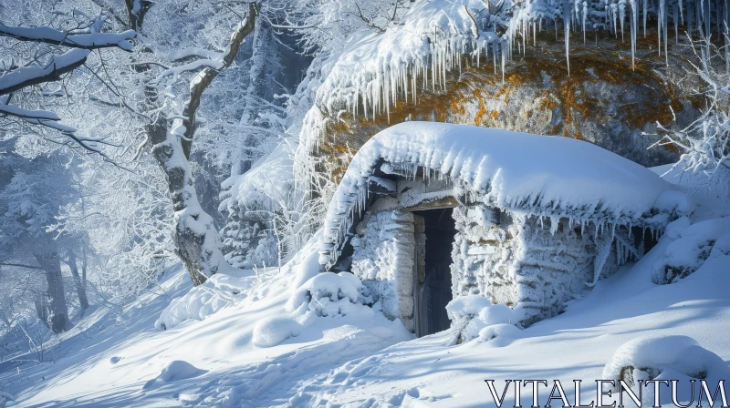Enchanting Stone House in a Snowy Forest AI Image