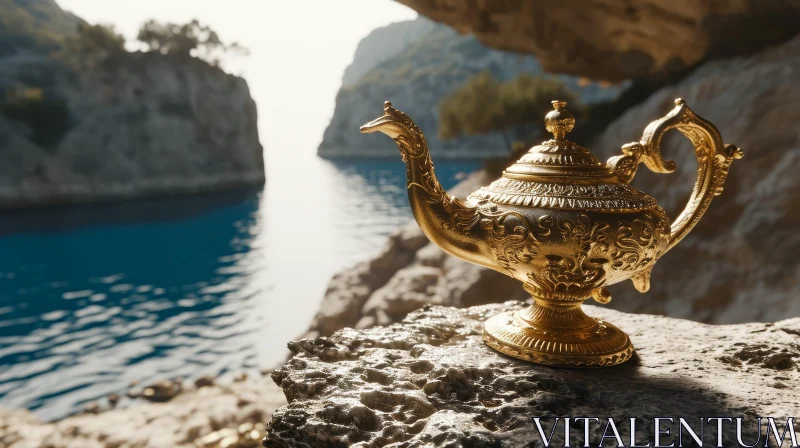 Golden Magic Lamp on Rock - Enchanting 3D Rendering AI Image