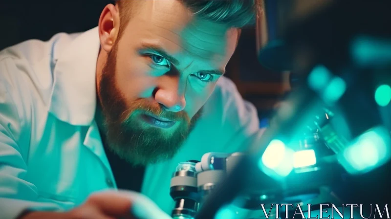 Inquisitive Scientist in a Teal-lit Laboratory - Captivating Image AI Image