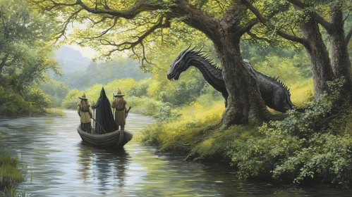 Mysterious Fantasy Digital Painting of Wizards and Dragon on a River