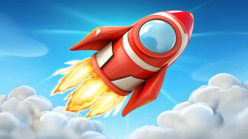 Red Rocket Ascending Above Clouds - Colorful and Action-Packed Illustration