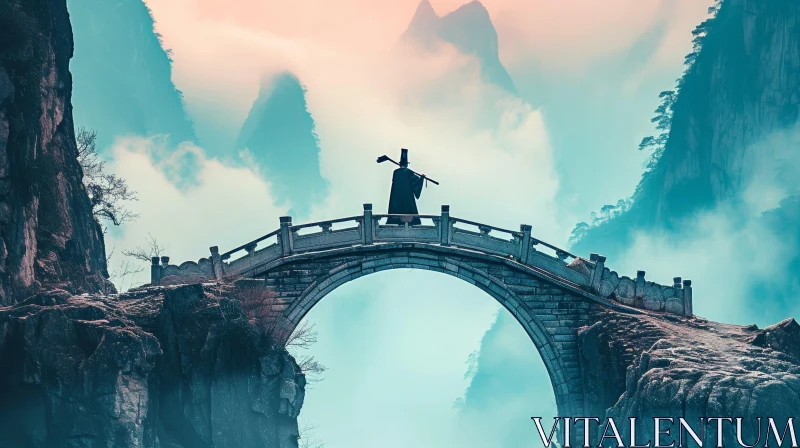 Serene Chinese Mountain Landscape with Traditional Bridge AI Image