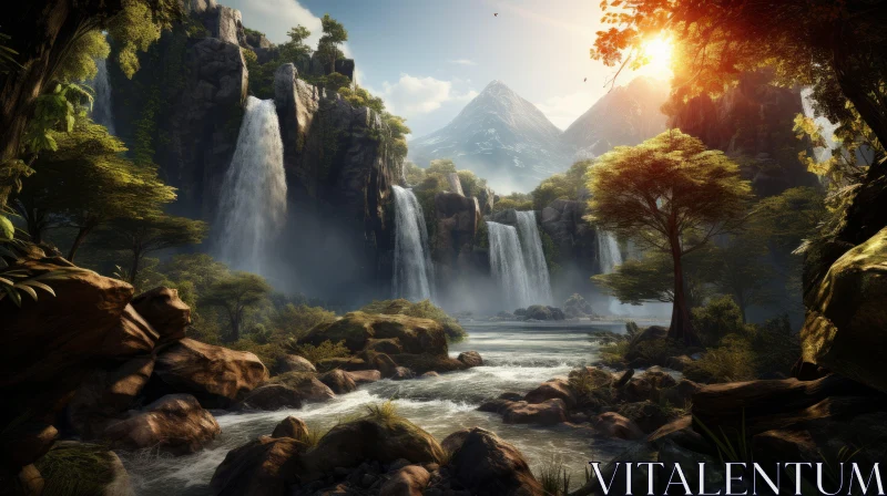 Sunlit Waterfall in Jungle: A Nature-Inspired Fantasy Landscape AI Image