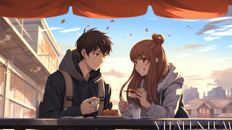 Warm Tones Anime Couple Enjoying Outdoor Meal AI Image