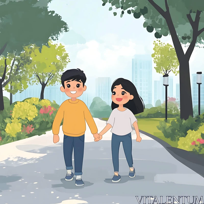 Boy and Girl Walking Hand in Hand AI Image