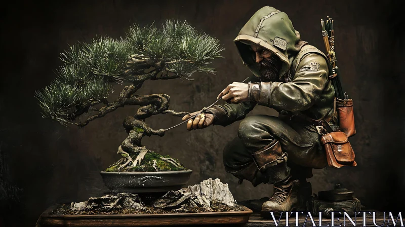 AI ART Hooded Figure Pruning a Bonsai Tree