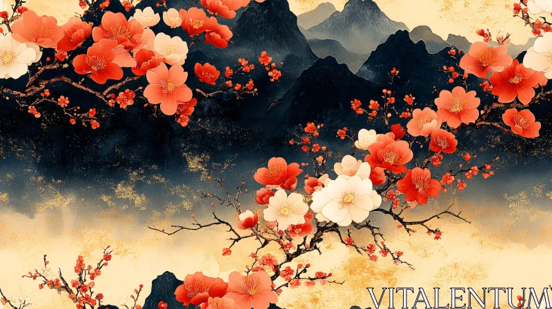 AI ART Oriental Blossom Mountain Canvas Art