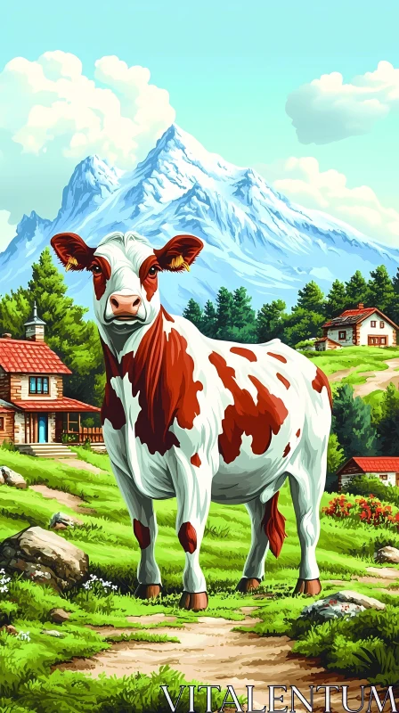 Pastoral Beauty with Cow AI Image