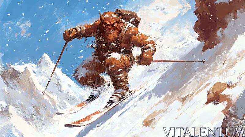 AI ART Monster Skiing Down Snowy Peak