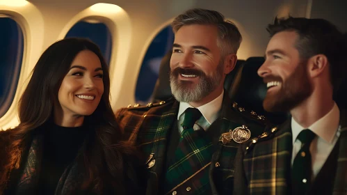 Smiling Group in Plaid on a Flight