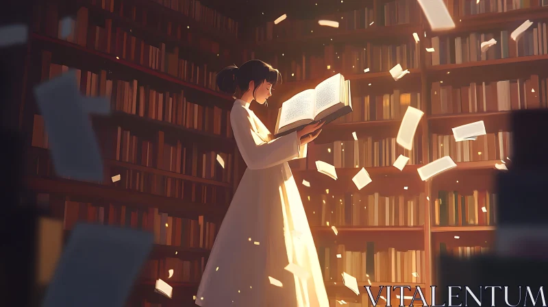 AI ART Girl immersed in a book in library