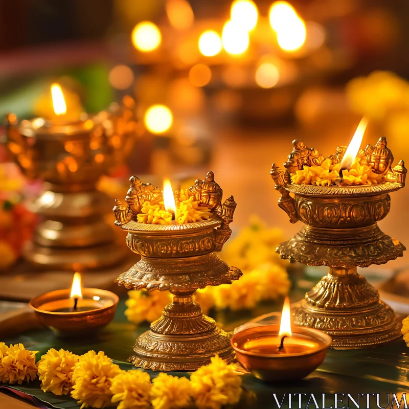 Luminous Diwali Celebration with Oil Lamps AI Image