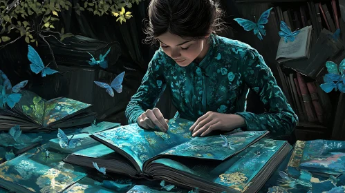 Woman Reading Book with Butterflies