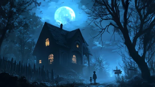 Moonlit House with Figures