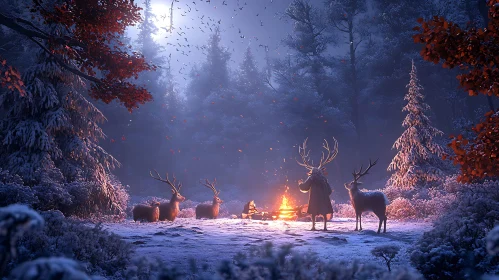 Deer Gathering in Snowy Woods