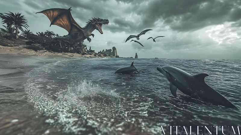 Dragon and Dolphins on a Tropical Beach AI Image