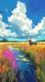 Cow in Colorful Field with Dramatic Sky