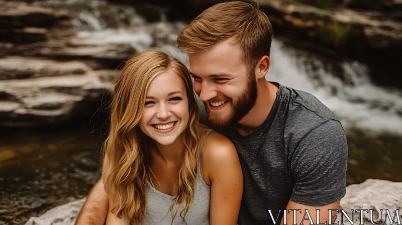 Smiling Couple at Waterfall AI Image