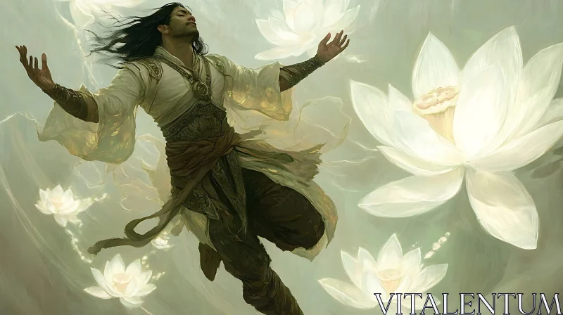 Floating Man and Lotus Flowers Art AI Image