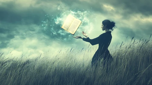 Enchanting Scene: Woman and Magical Book