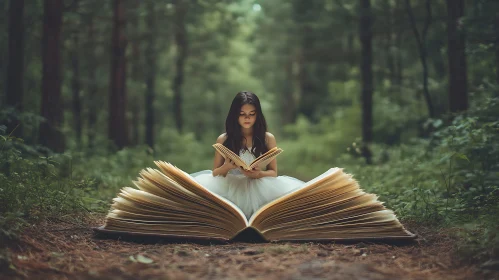 Child immersed in storybook in woods