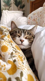 Peaceful Cat in Bed with Floral Blanket