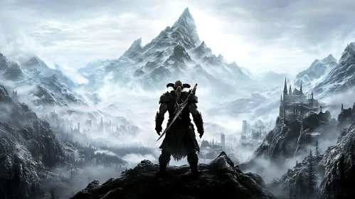 Fantasy Warrior Overlooking Misty Kingdom