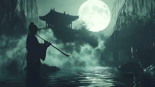 Silhouette Flute Player Under Moonlight