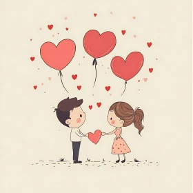Cartoon Couple with Heart Balloons