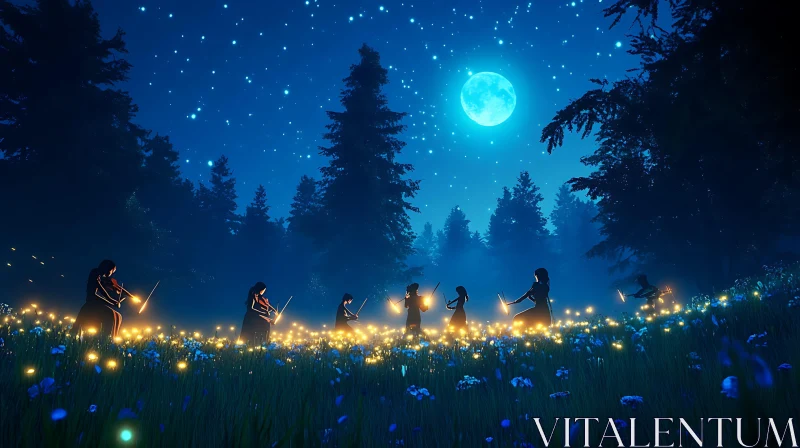 AI ART Nocturnal Musicians in Floral Field