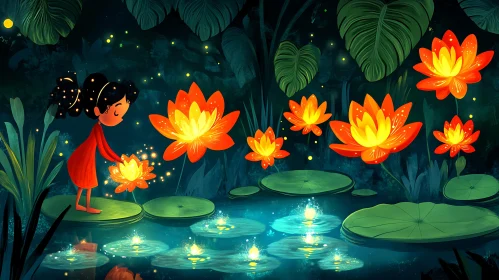 Girl and the Glowing Lotus Flowers