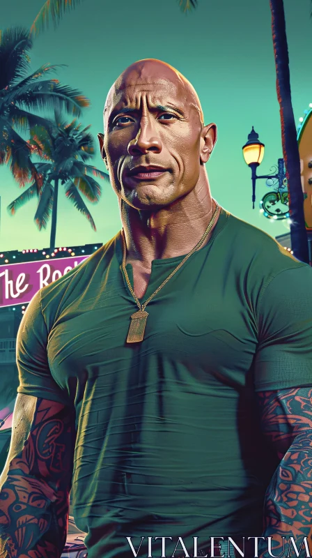 Portrait of Dwayne Johnson with Tattoos in a Neon-lit Urban Setting AI Image