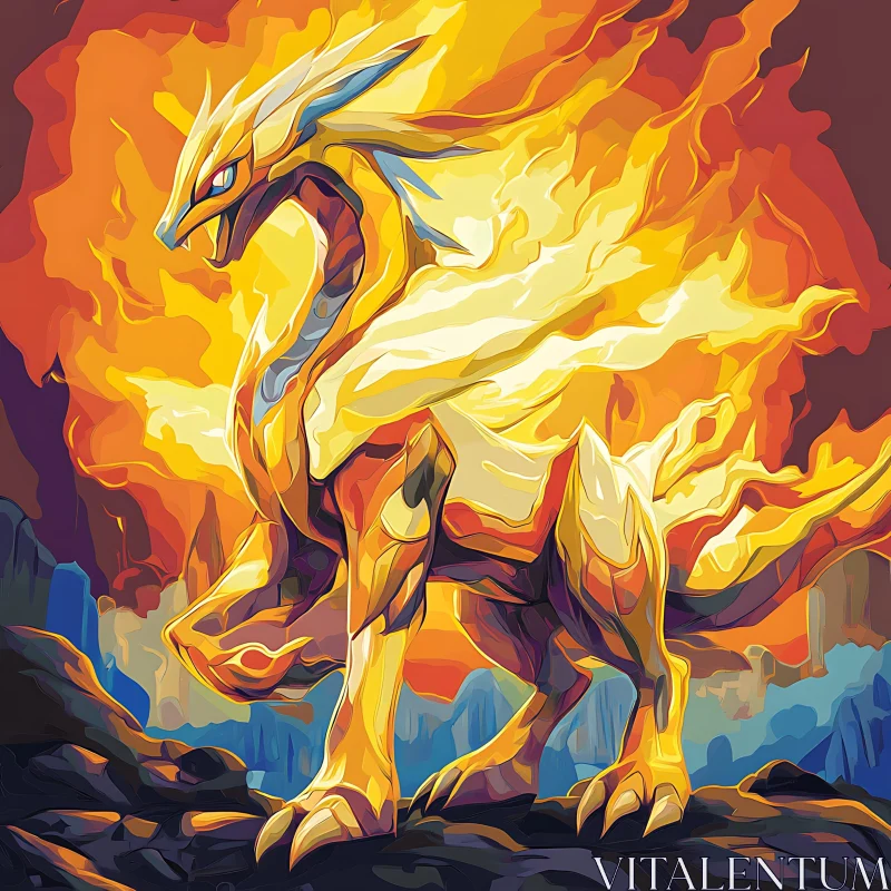 Golden Dragon Amidst Flames AI Image