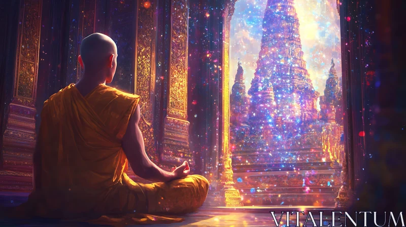 Serene Monk Meditating in Temple AI Image