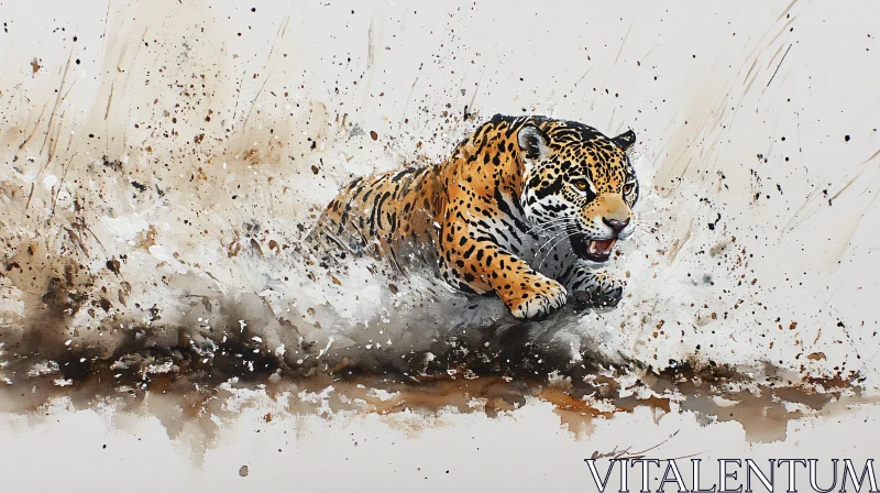 Watercolor Painting of a Jaguar Leaping AI Image