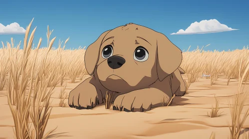 Cute Puppy in Cartoon Grassland