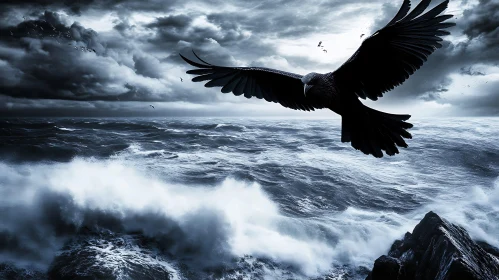 Black Raven Over a Raging Ocean